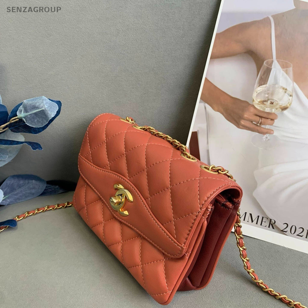 CHANEL Diamond pattern Cuban orange-red Chain Shoulder bag Crossbody Women