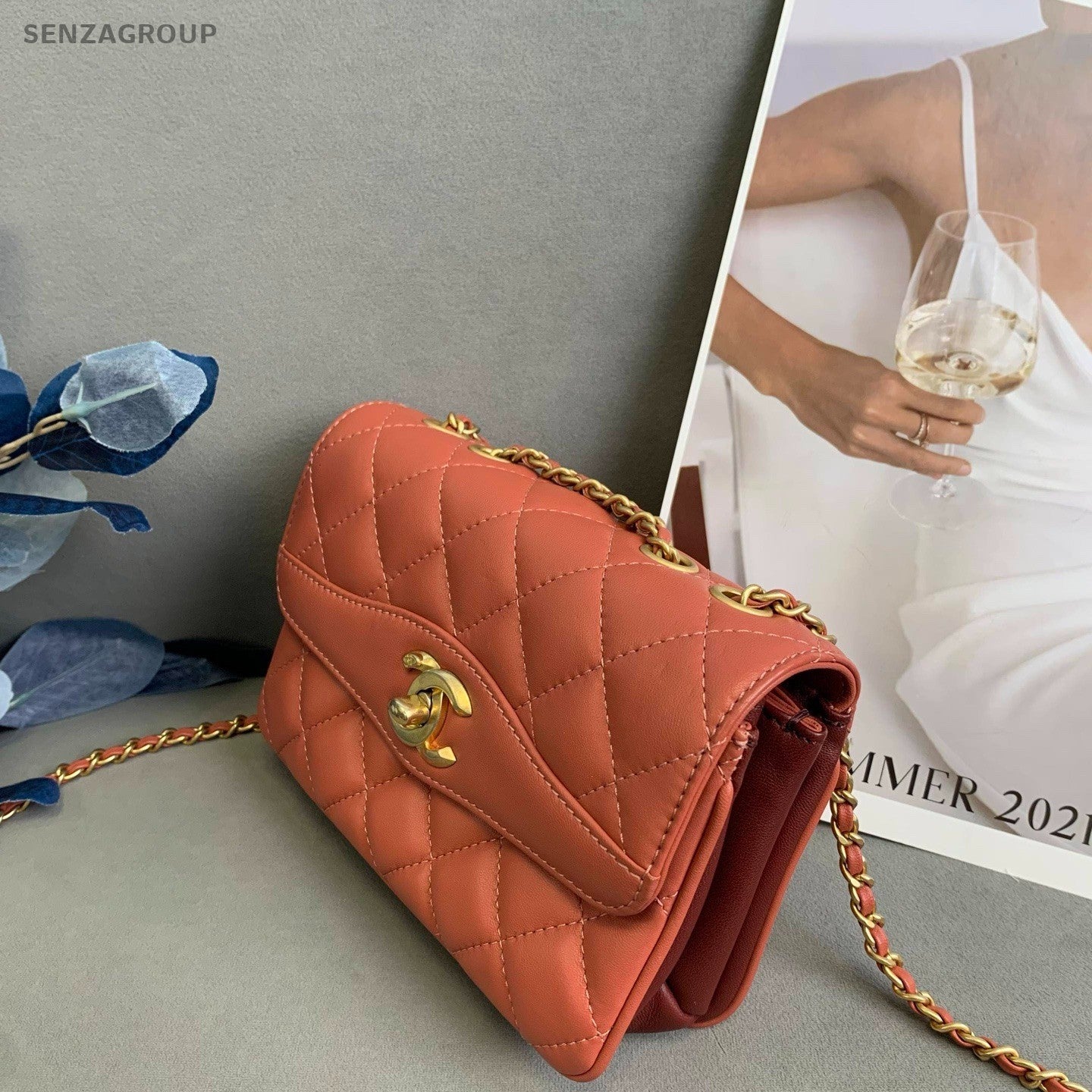 CHANEL Diamond pattern Cuban orange-red Chain Shoulder bag Crossbody Women