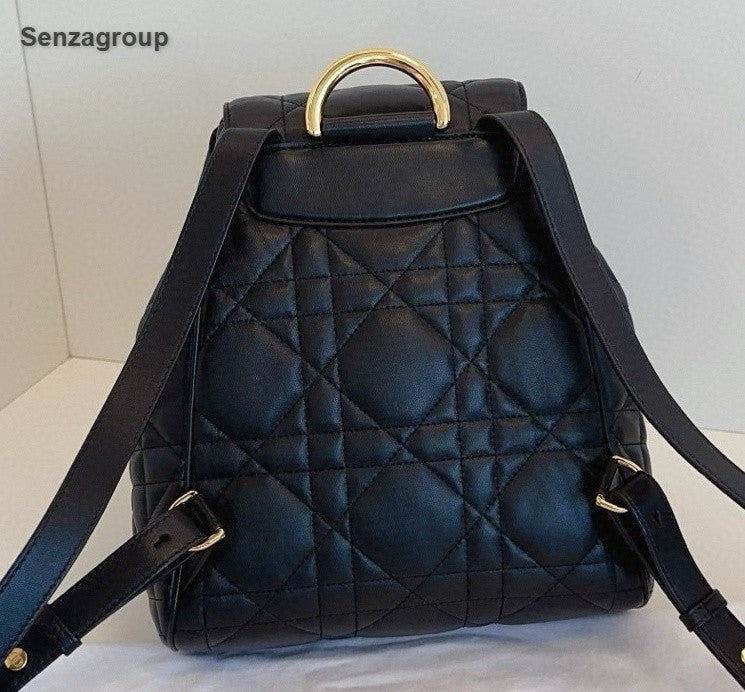 Christian Dior Caro MM Backpack Black Gold Used Women Classic Fashion