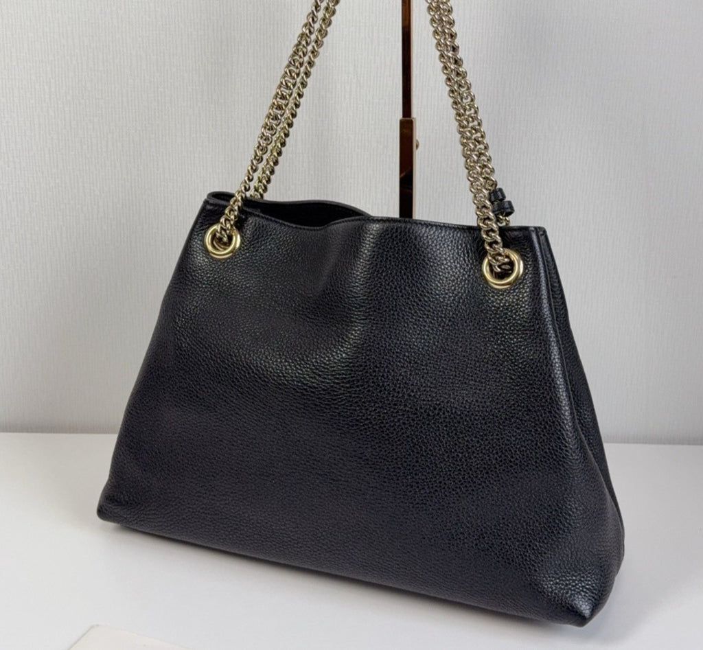 Gucci Tote Tassel Chain Calfskin Shoulder Bag Black Gold Women Classic