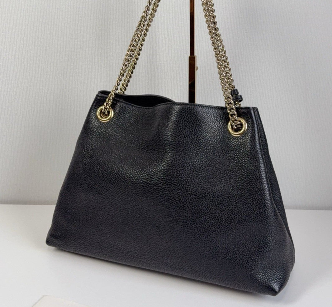 Gucci Tote Tassel Chain Calfskin Shoulder Bag Black Gold Women Classic