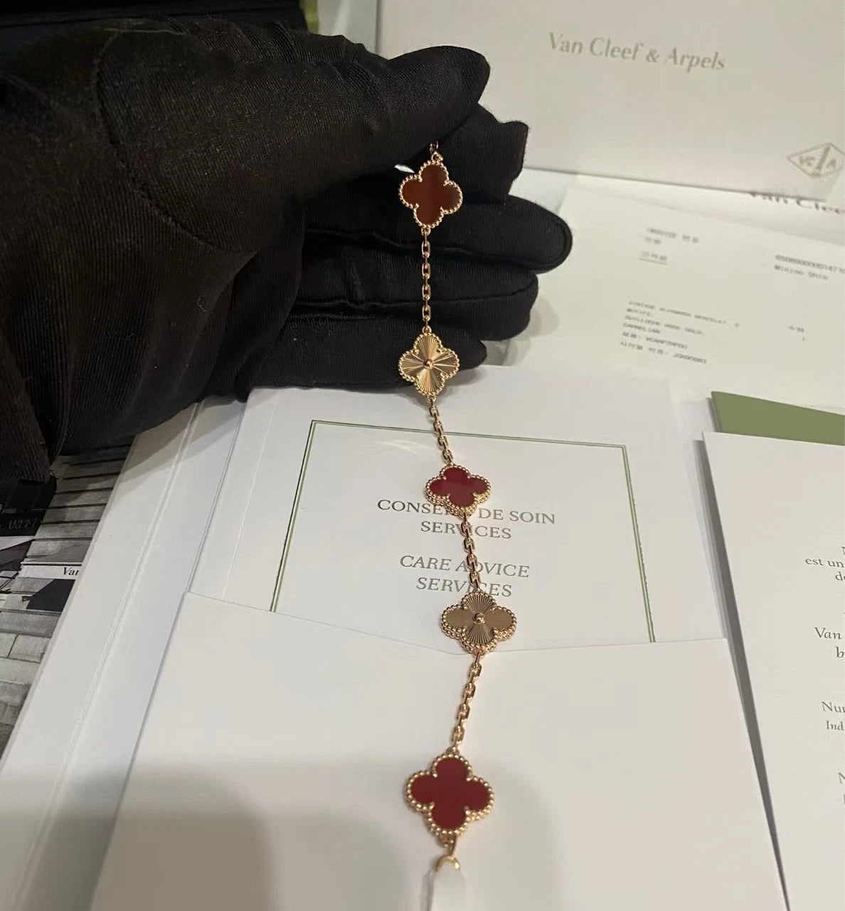 Van Cleef &amp; Arpels Vintage Alhambra Carnelian 18k Rose Gold Guilloche Bracelet