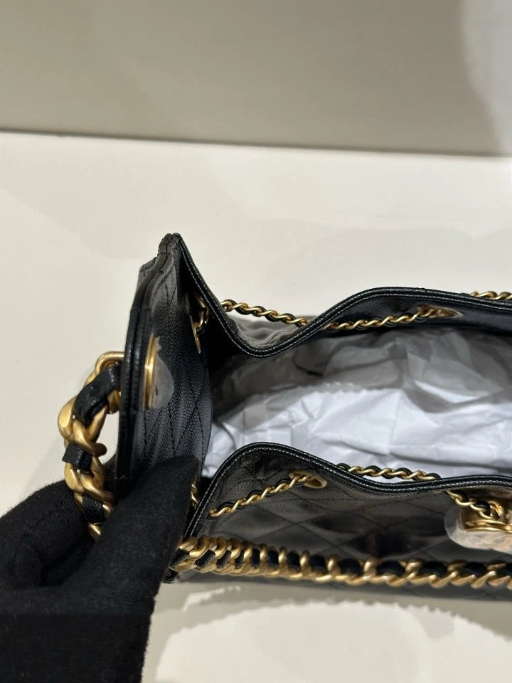 CHANEL 25bag Small Black Gold Tote Shoulder Bag For Women