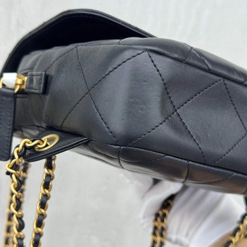 Chanel Diamond Chain Backpack Black Gold Women Classic