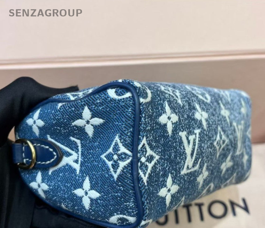Louis Vuitton Speedy Nano Denim Monogram Top Handle Crossbody Blue Gold Women