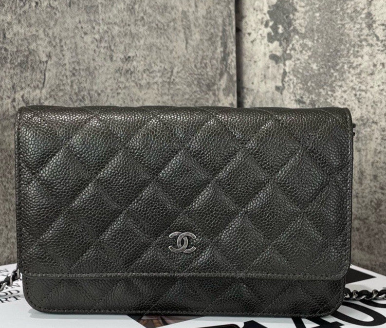 Chanel WOC Chain Crossbody Shoulder Bag Gray Silver Women Diamond Classic