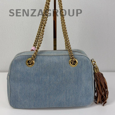 Gucci Soho Fringe Tote Bag Denim Blue Gold Women Shoulder Bag
