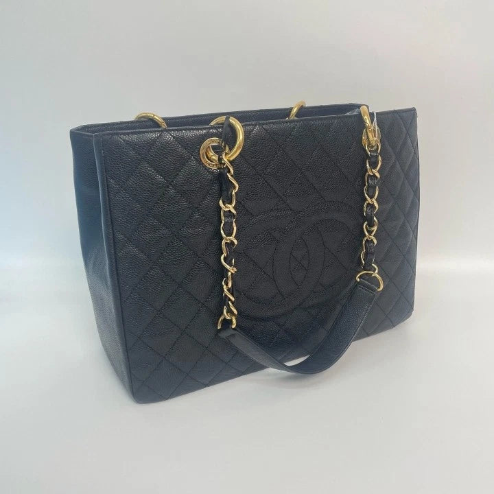 CHANEL GST Medium Black Gold Leather Tote Bag For Women