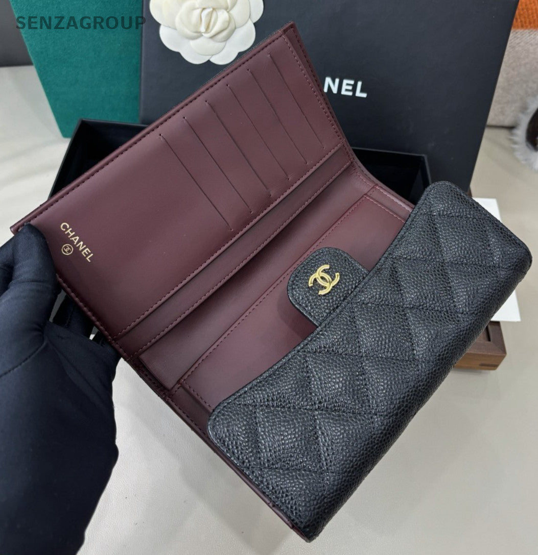 Chanel Classic Flap Long Wallet Clutch Diamond Women Black Gold Fashion
