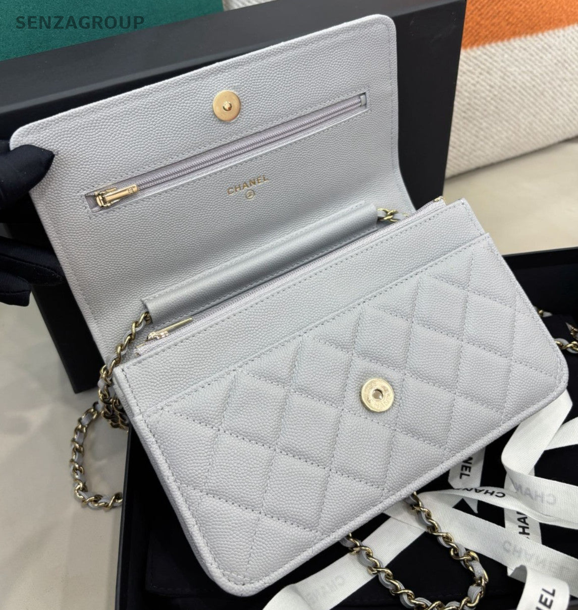 Chanel WOC Chain Shoulder Bag Gray Gold Women Classic Diamond Fashion