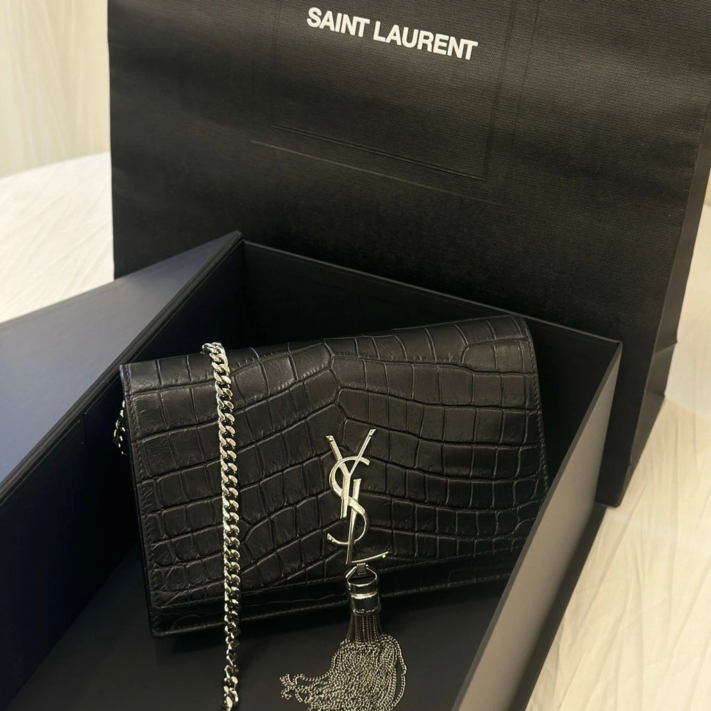 YSL Mini Croc Embossed Black Silver Chain Shoulder Bag For Women