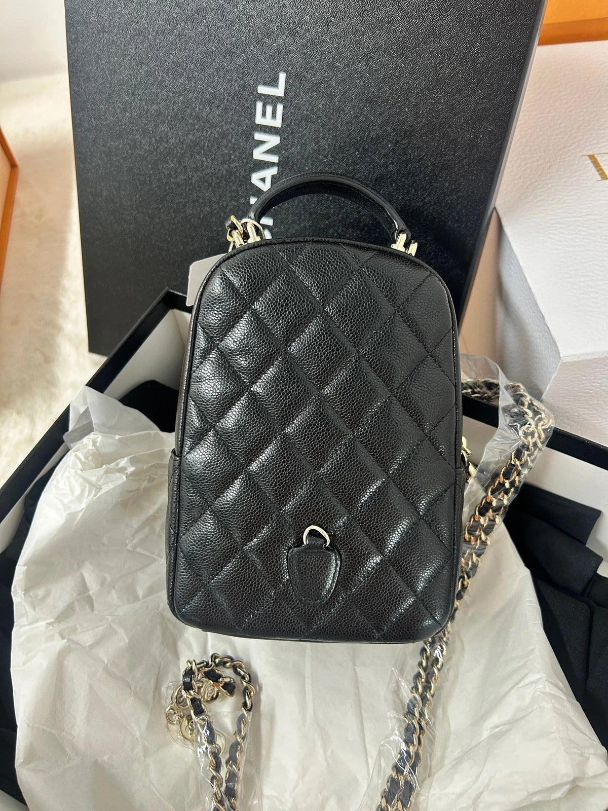 CHANEL Mini Black Gold Leather Backpack For Women