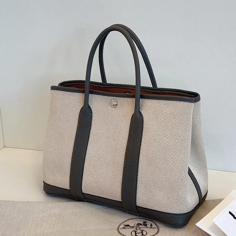 Hermes Garden Party30 Tote Top Handle Bag Ivory Gray Women Classic
