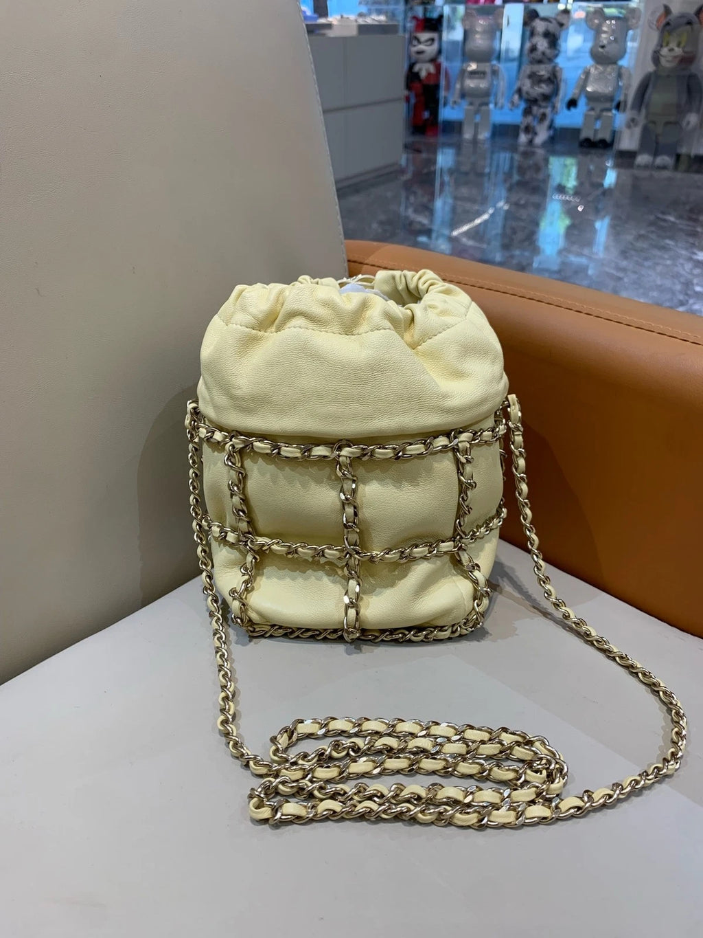 CHANEL Women Yellow Drawstring Bucket Chain Crossbody Bag