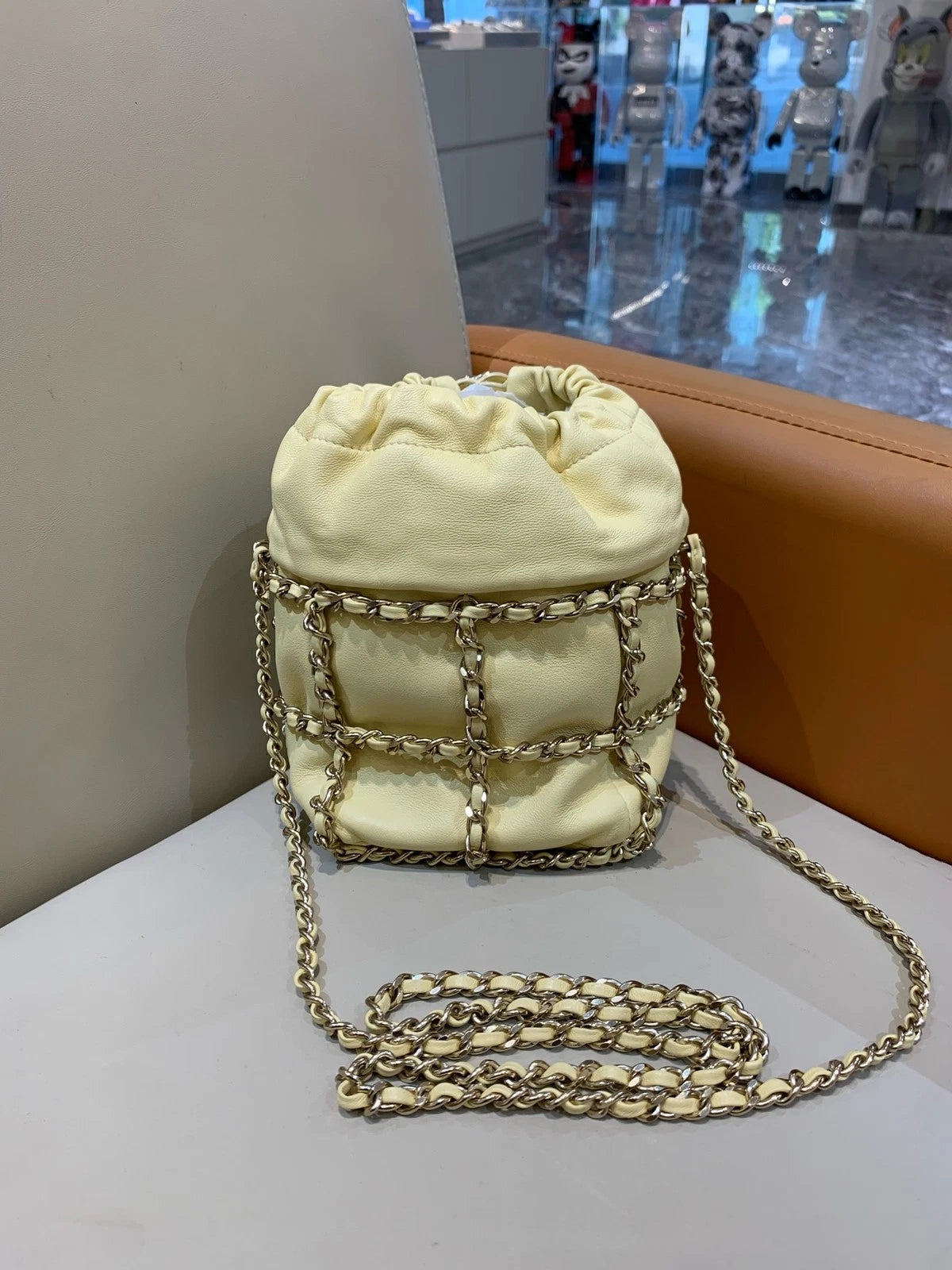 CHANEL Women Yellow Drawstring Bucket Chain Crossbody Bag
