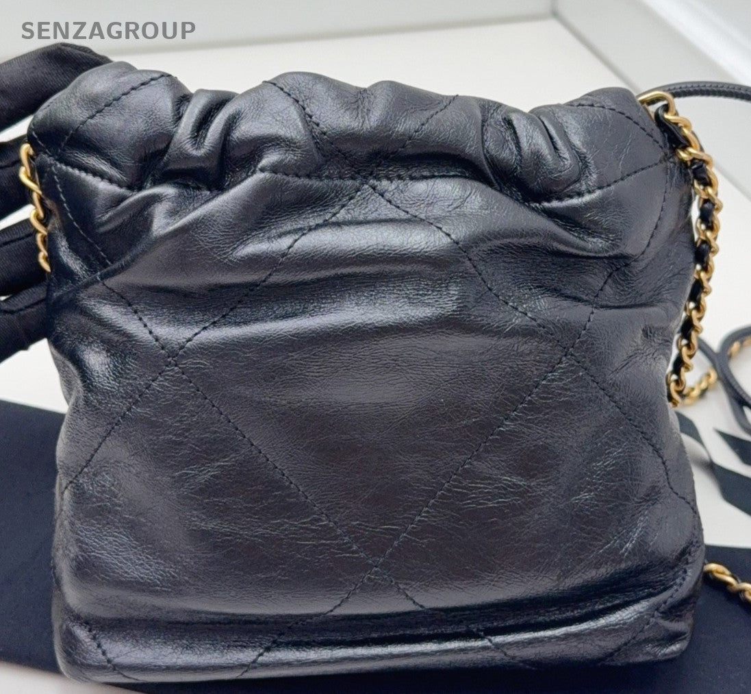 Chanel 22 Mini Calfskin Pearl Chain Shoulder Bag Crossbody Black Gold Women
