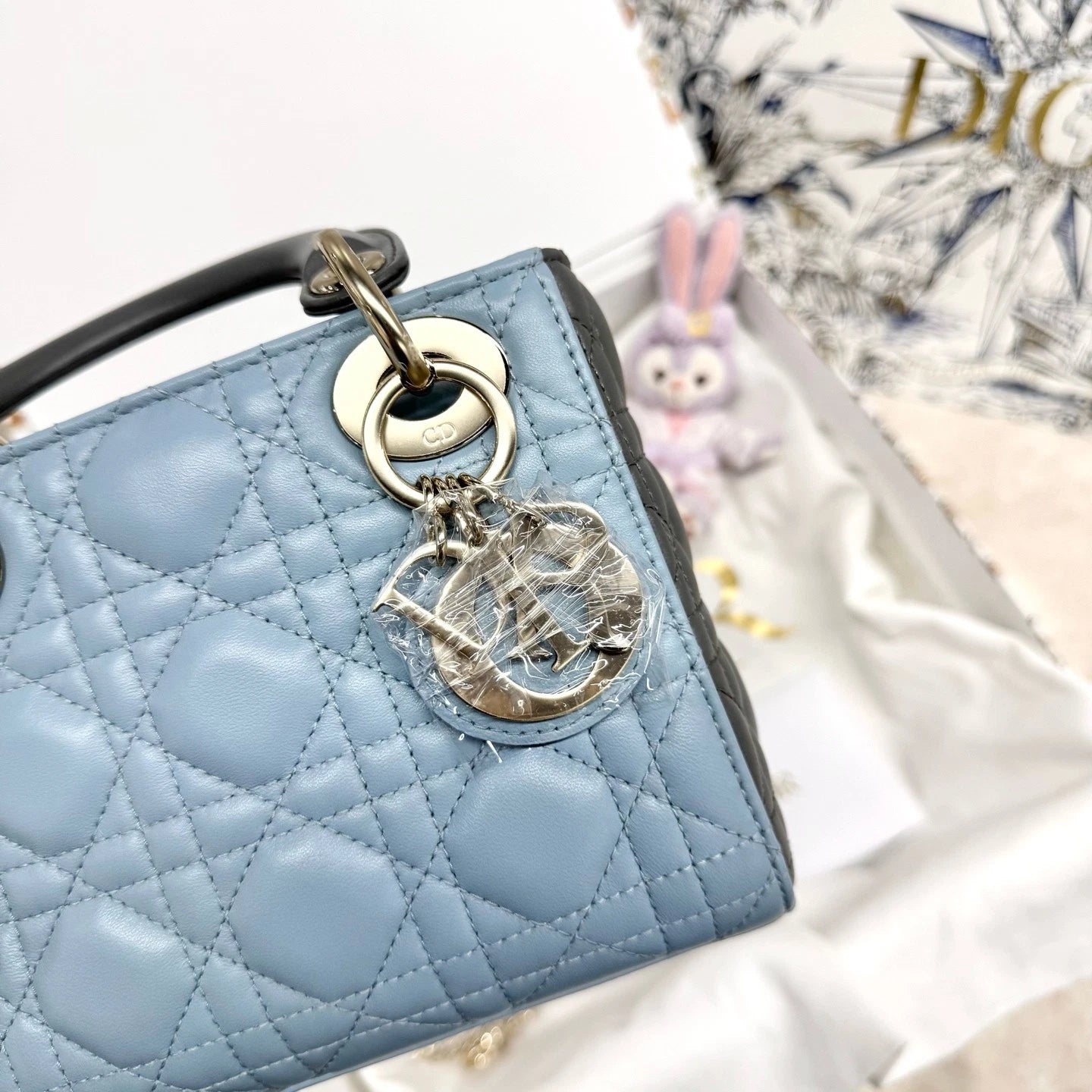 Dior Lady Dior Blue Gray Handbag Excellent