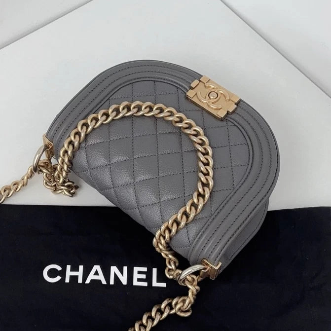 Chip Version Chanel Leboy Calfskin Gray Saddle Gold Chain Shoulder Crossbody