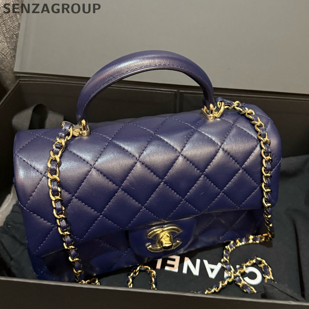 Chanel Classic Flap Mini Blue Gold Chain Shoulder Crossbody Bag Women