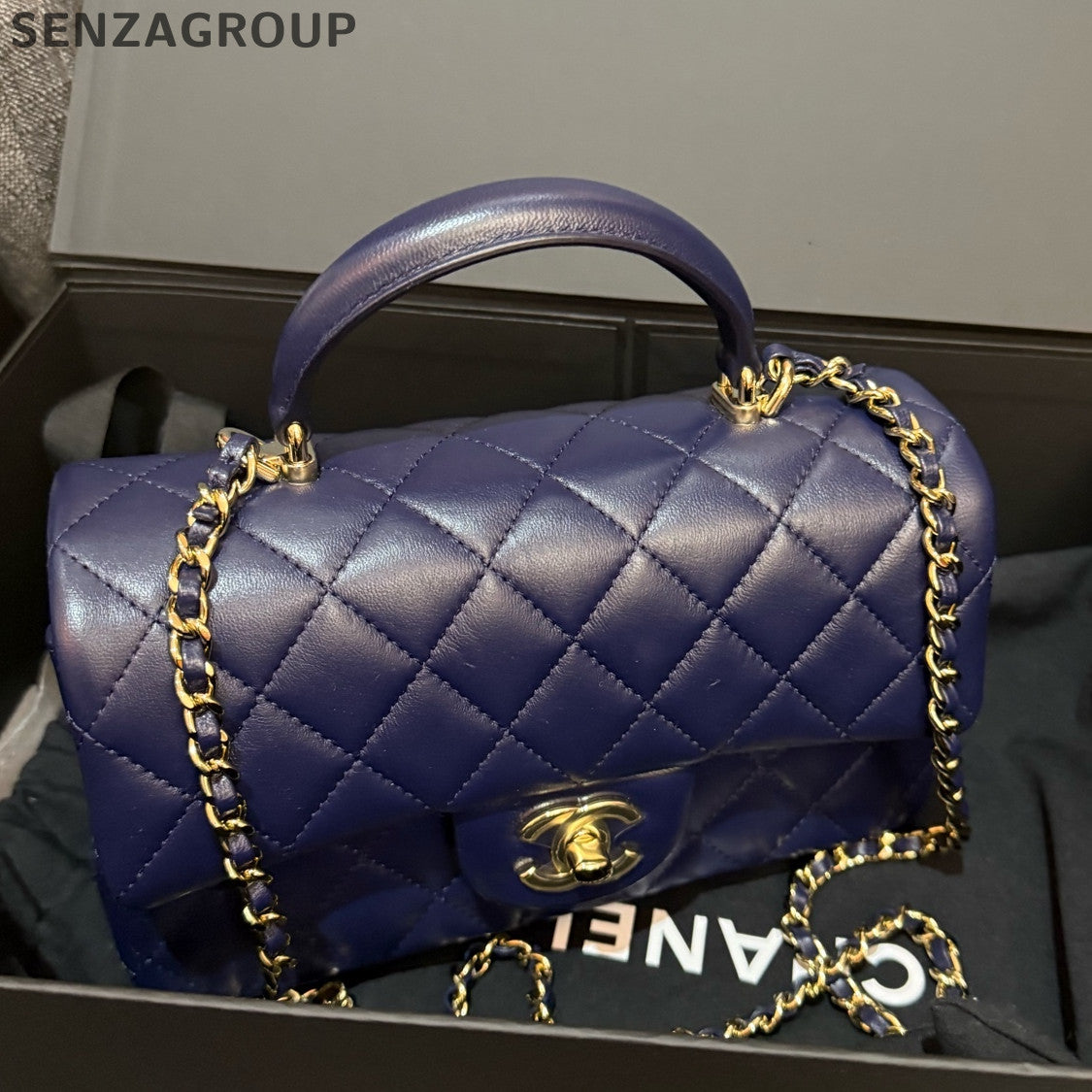 Chanel Classic Flap Mini Blue Gold Chain Shoulder Crossbody Bag Women