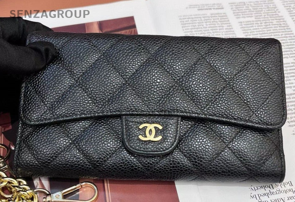 Chanel Classic Flap Long Wallet Chain Crossbody Black Gold Used Women Designer