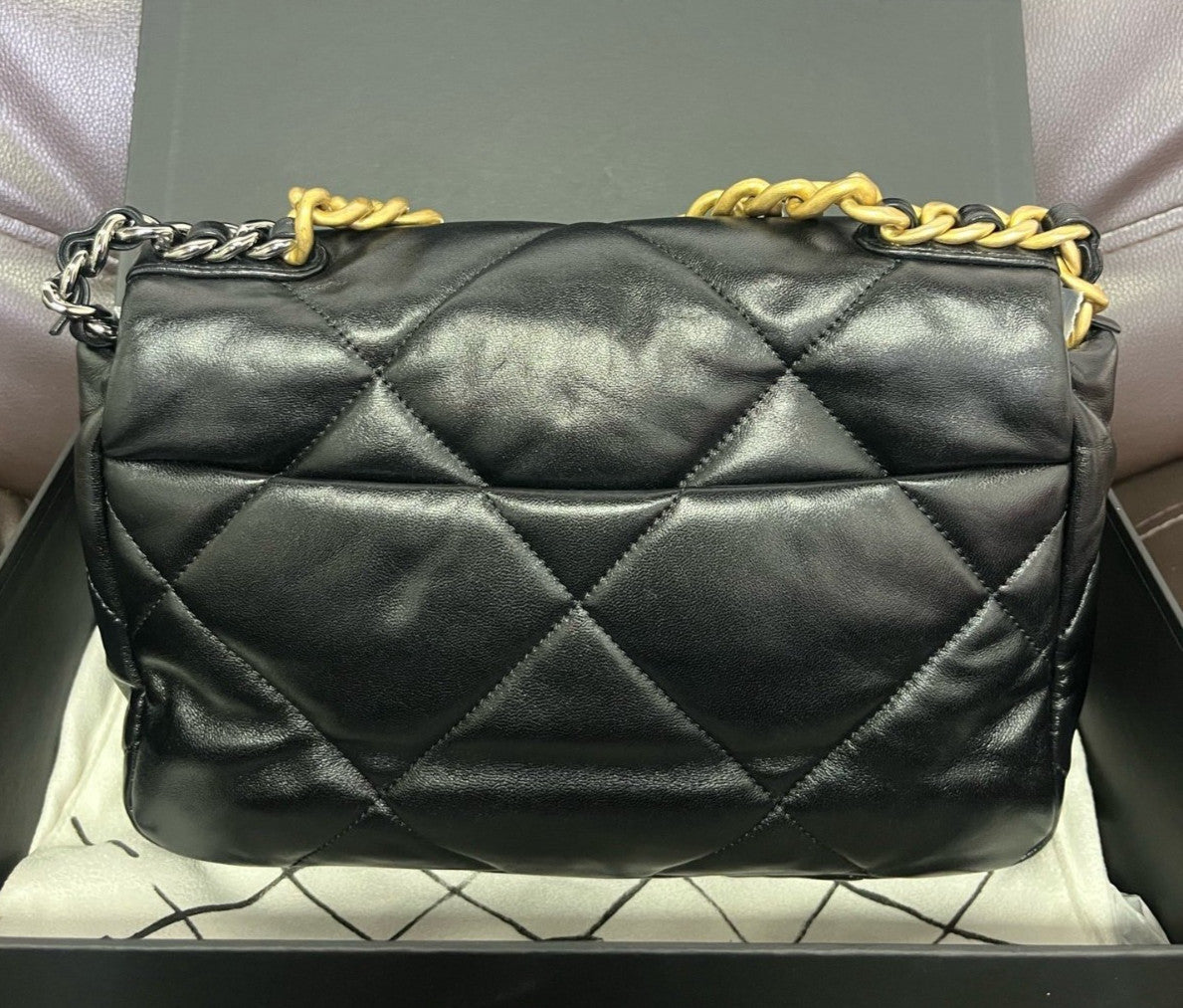 Chanel 19Bag PM Chain Top Handle Shoulder Crossbody Black Gold Women Classic