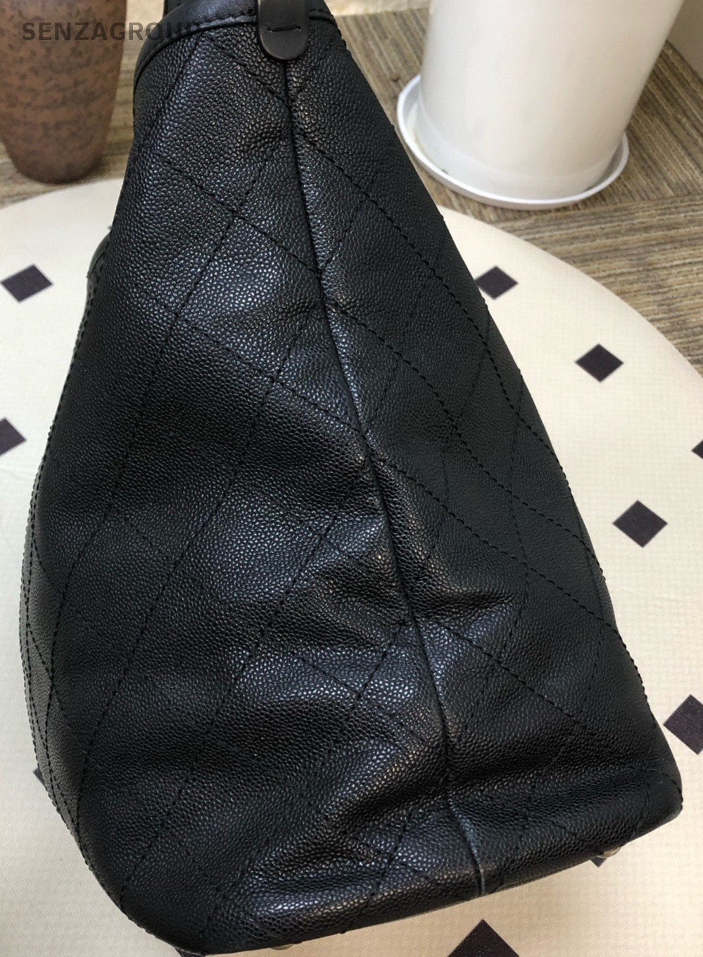 Chanel Diamond Pattern Tote Top Handle Shoulder Bag Black Red Women Classic