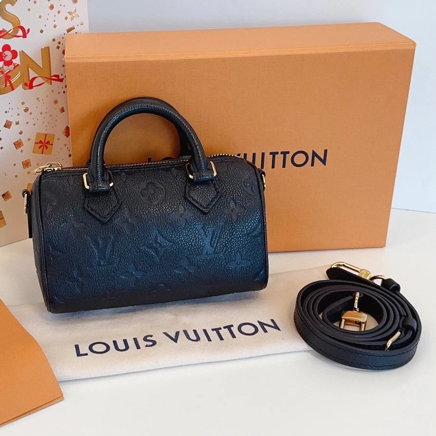 Louis Vuitton Speedy Nano Calfskin Top Handle Bag Crossbody Black Gold Women