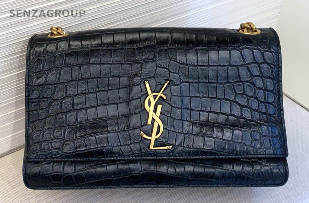 YSL Saint Laurent Kate Alligator pattern Chain Shoulder bag Black Gold Women