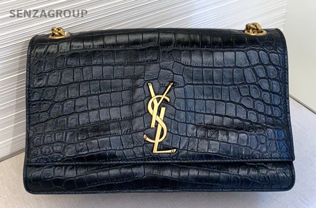 YSL Saint Laurent Kate Alligator pattern Chain Shoulder bag Black Gold Women