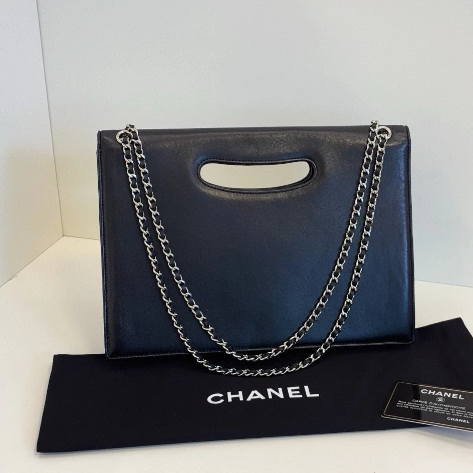 Chanel Diamond Chain Satchel Top Handle Shoulder Bag Black Silver Women Classic