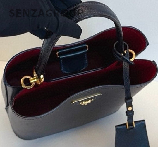 Prada Panier Saffiano Calfskin MM Top Handle Bag Crossbody Black Red Gold Women