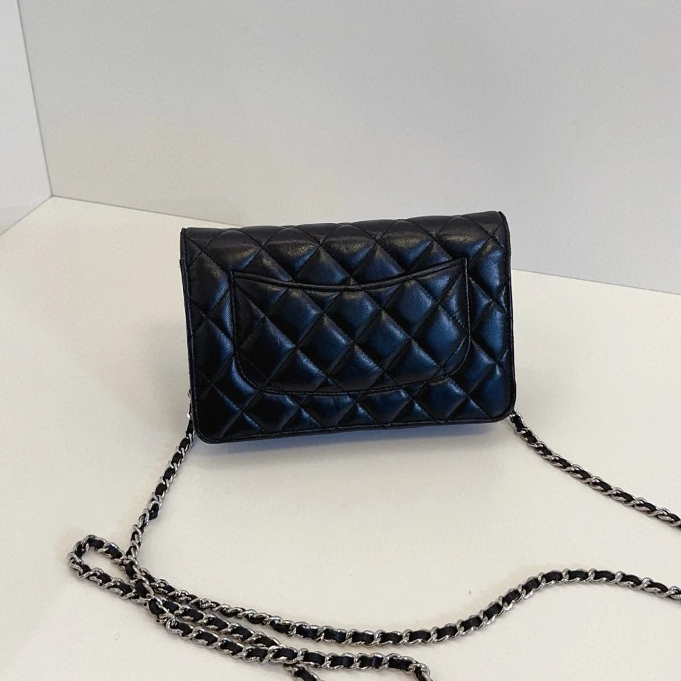 Chanel WOC Chain Lambskin Shoulder Crossbody Diamond Black Silver Women Classic