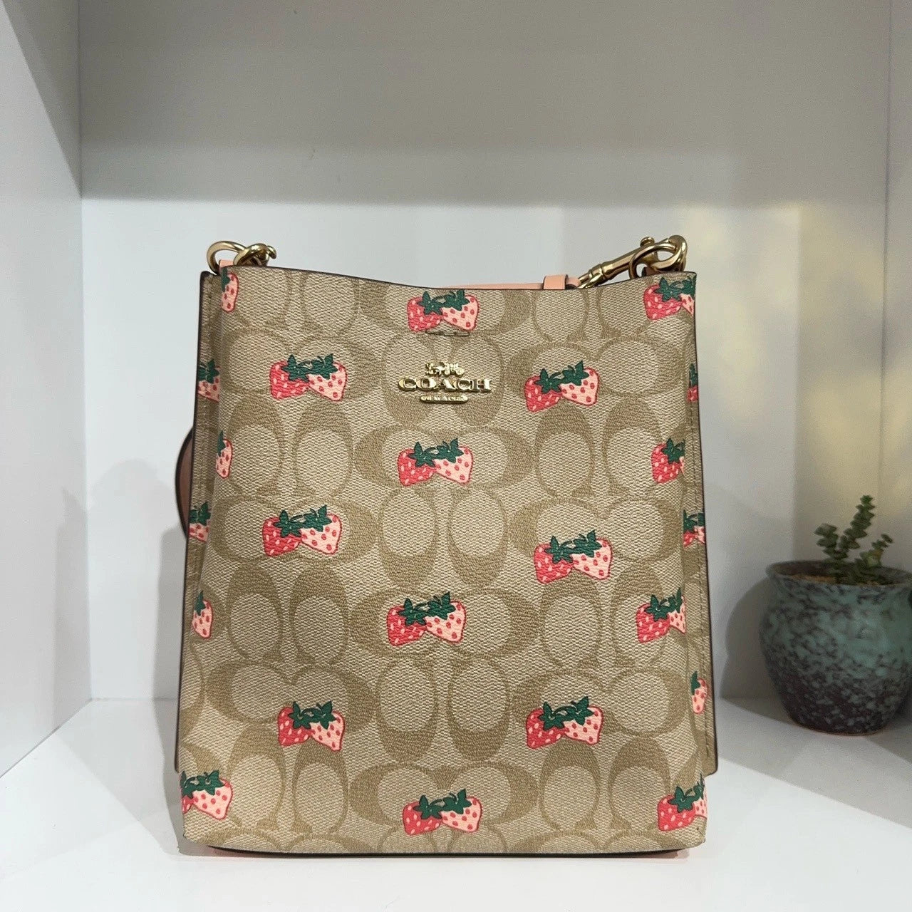 Coach Women's Strawberry Print Canvas Bucket Crossbody Shoulder Bag