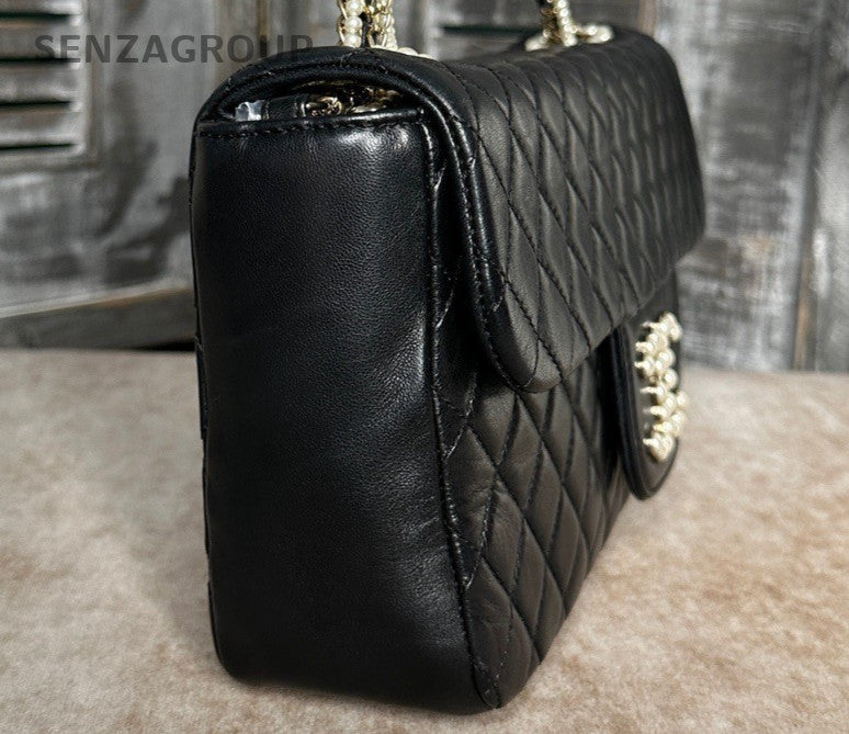 Chanel Classic Flap Lambskin Pearl Chain Shoulder Bag Black Gold Diamond Women