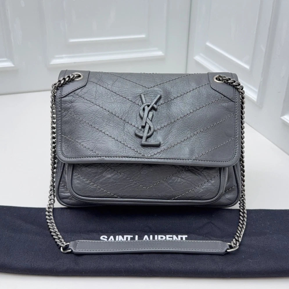 Saint Laurent Niki PM Chain Shoulder Crossbody Gray Silver Women Classic