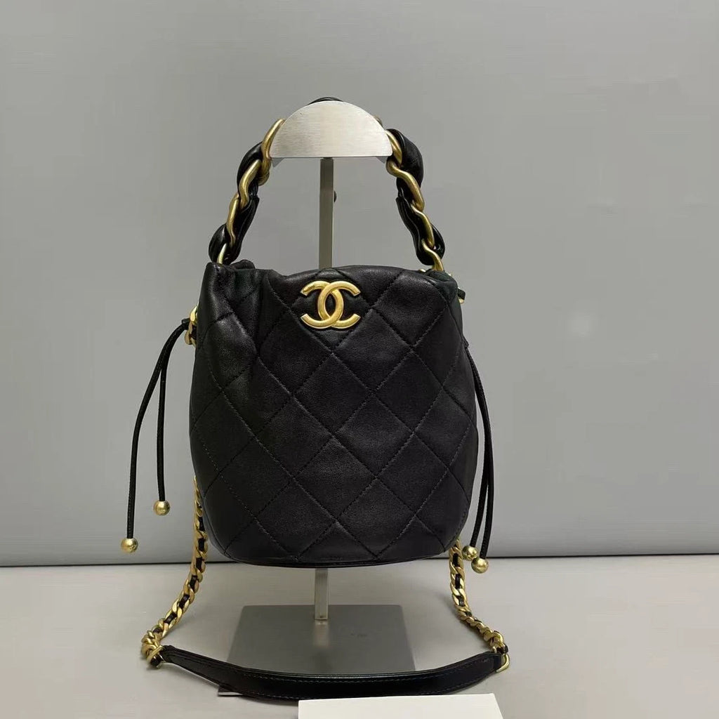 Chanel Diamond Chain Bucket Top Handle Crossbody Black Gold Women Classic