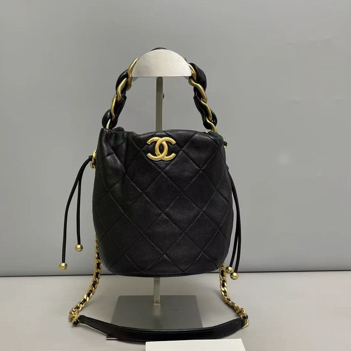 Chanel Diamond Chain Bucket Top Handle Crossbody Black Gold Women Classic