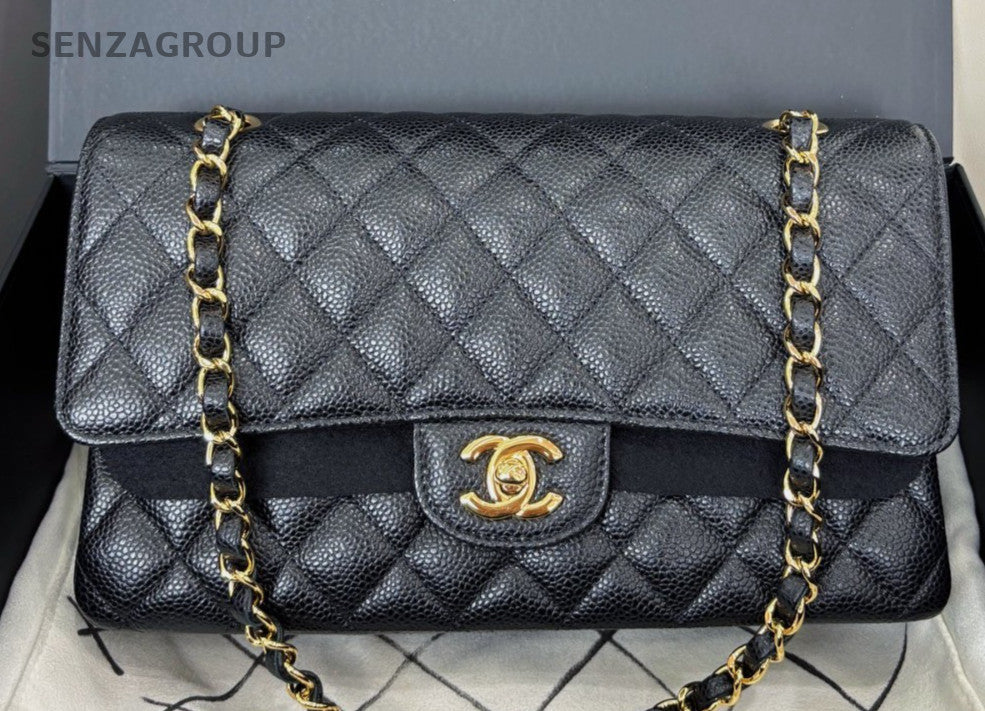 Chanel Classic Flap MM Calfskin Chain Shoulder Bag Black Red Women Designer