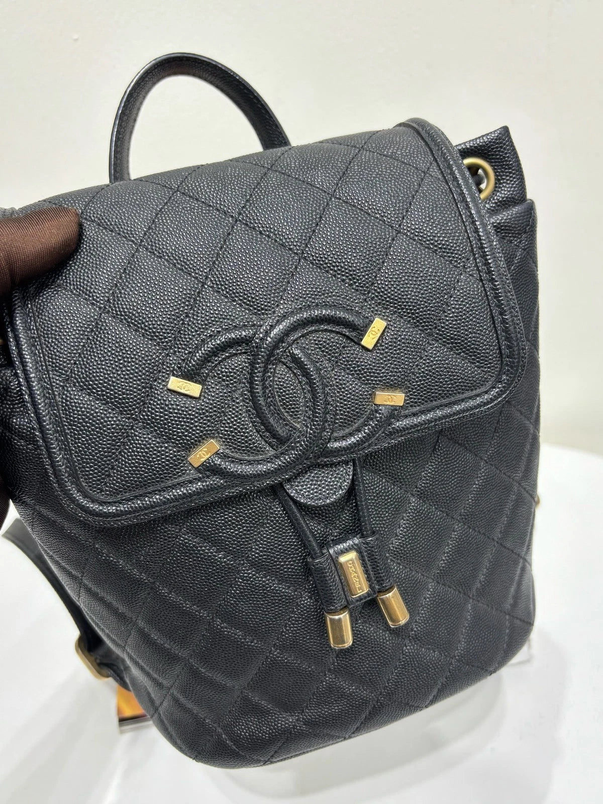 CHANEL Black Gold Calfskin Vanity Case Backpack For Women
