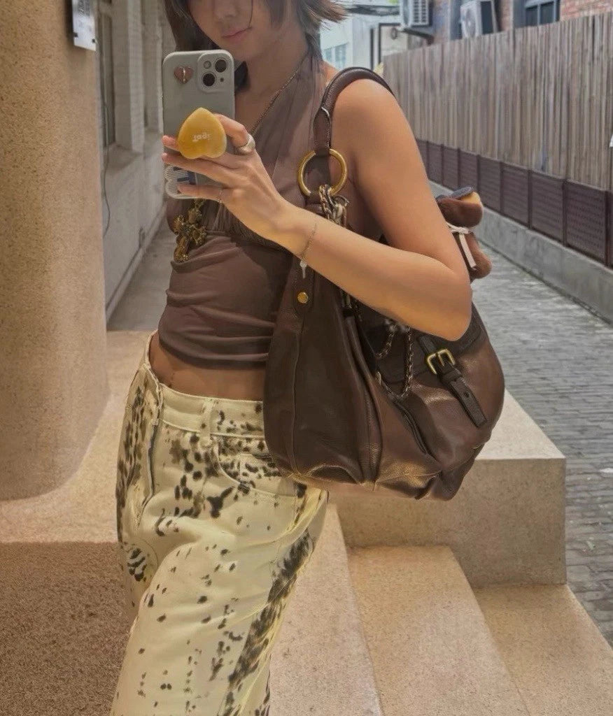 Prada Cervo Shine Hobo Tote Top Handle Bag Shoulder Bag Brown Women