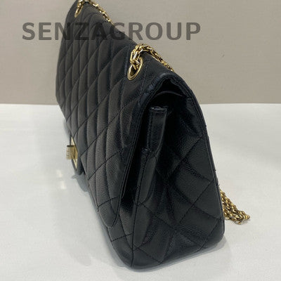 Chanel Large Caviar Leather Chain Shoulder Bag Black Gold Classic Quilted