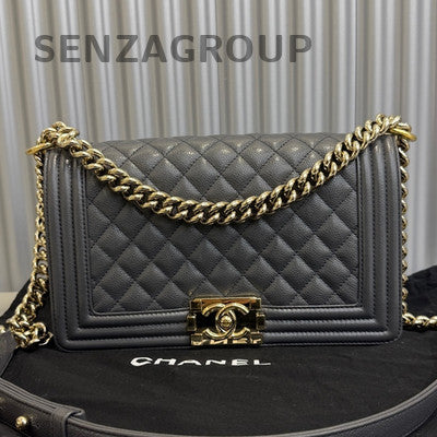 Chanel Le Boy Medium Grey Gold Hardware Calfskin Chain Shoulder Bag