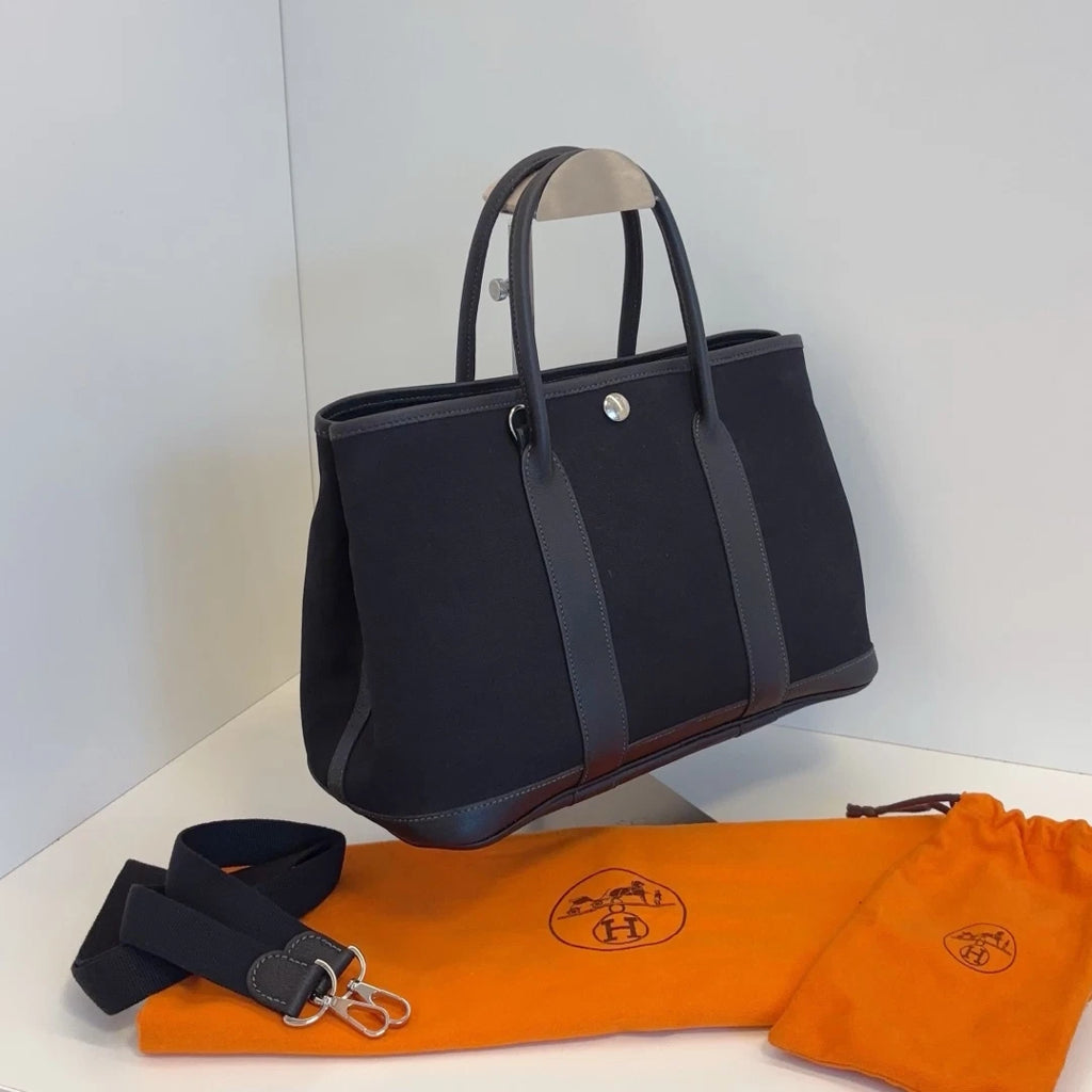 Hermes Garden Party30 Tote Canvas Top Handle Bag Black Silver Women Classic