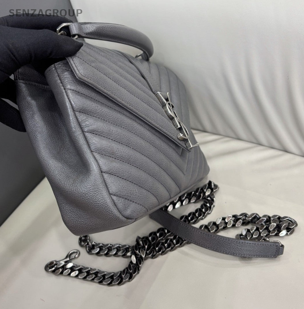 YSL Saint Laurent College PM Top Handle 2way Chain Shoulder Handbag Grey Women