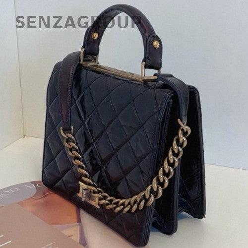 Chanel Quilted Leather Top Handle Shoulder Crossbody Bag Black Gold Women