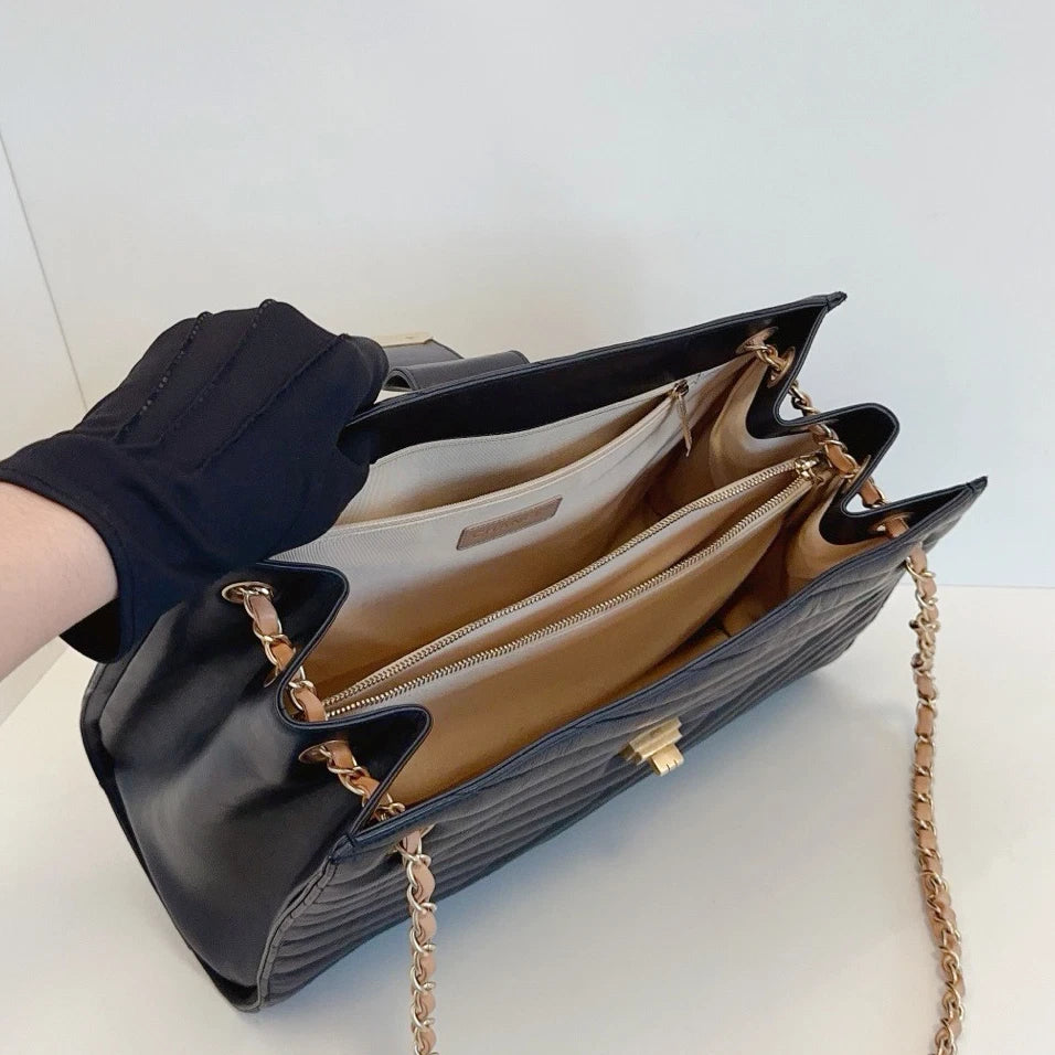 Chanel 2.55 Calfskin Chain Tote Shoulder Bag Black Gold Used Women Classic