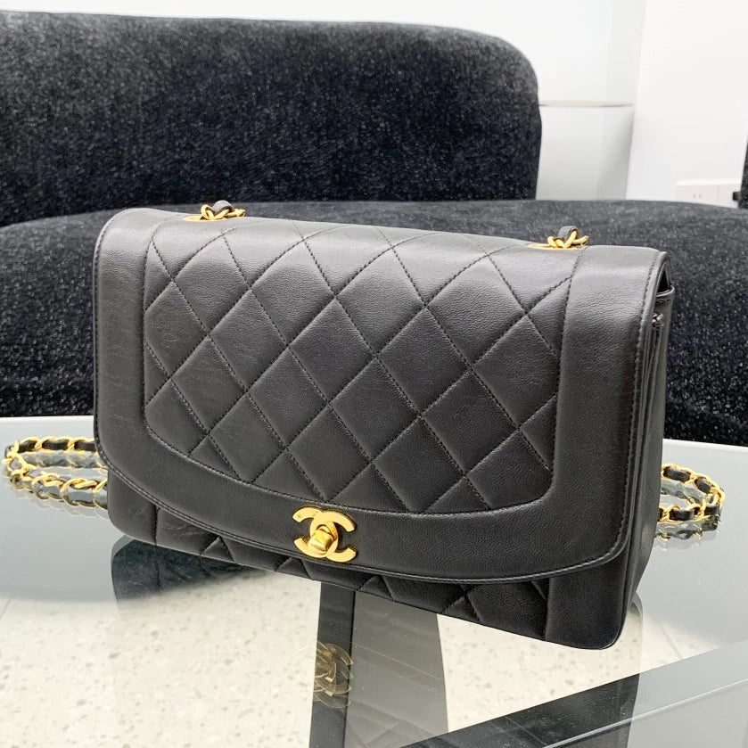 Chanel Classic Flap Lambskin Chain Shoulder Bag Black Gold Women Vintage S