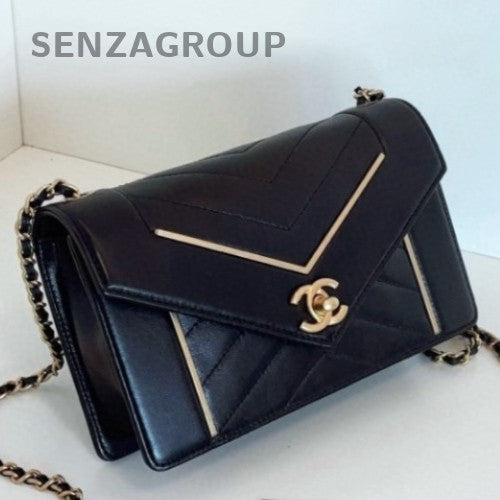 Chanel Chevron Mini Chain Shoulder Bag Crossbody Black Gold Women Classic