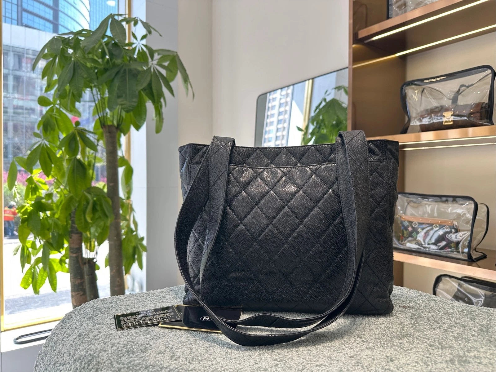 CHANEL Black Leather Double Logo Shoulder Bag For Women